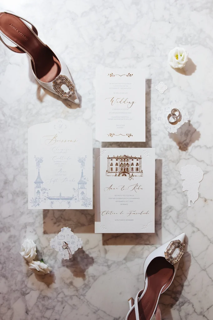 Hochzeitseinladungen im Château de Fonscolombe in Frankreich, elegante Papeterie mit Goldprägung, Illustration des Schlosses und feinen Couture-Details