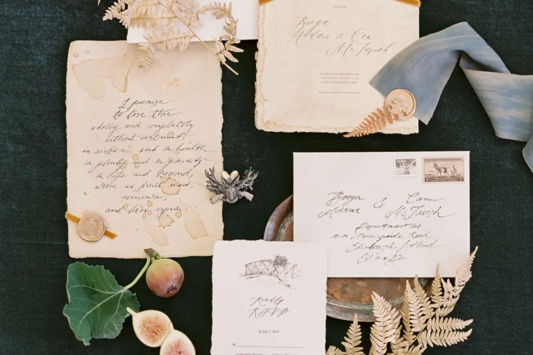 Hochzeitspapeterie mit handgeschriebenen exklusiven Einladungen.